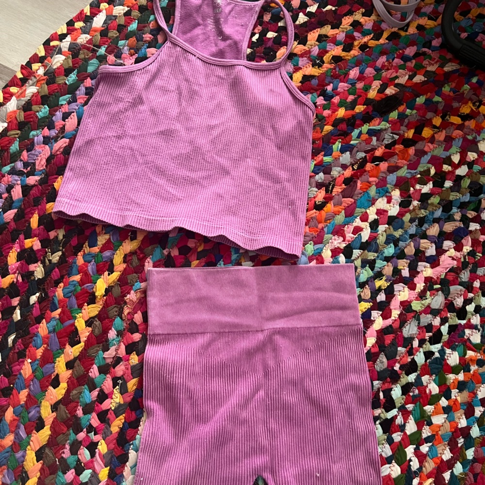 Purple work out, set with tank top and biker shorts